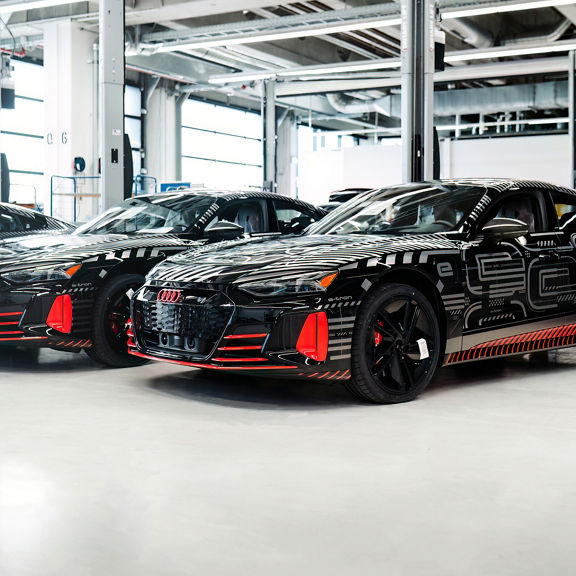 3/4 side view of 3 Audi RS e-tron GT project_513/2 parked inside an assembly facility.