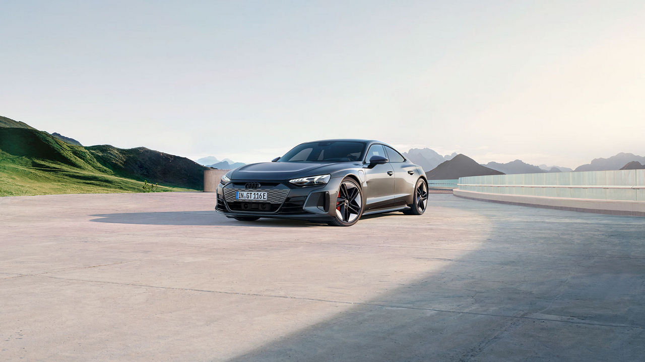 Three-quarter front profile of the Audi RS e-tron GT.