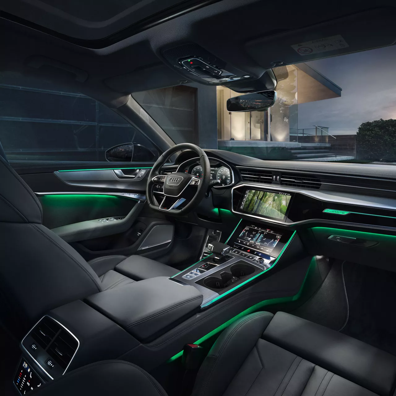 An Audi MMI interior lighting theme that looks like a forest shown within an Audi vehicle.