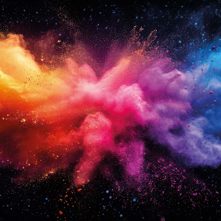 An explosion of multi-colored powder in front of a black background. 