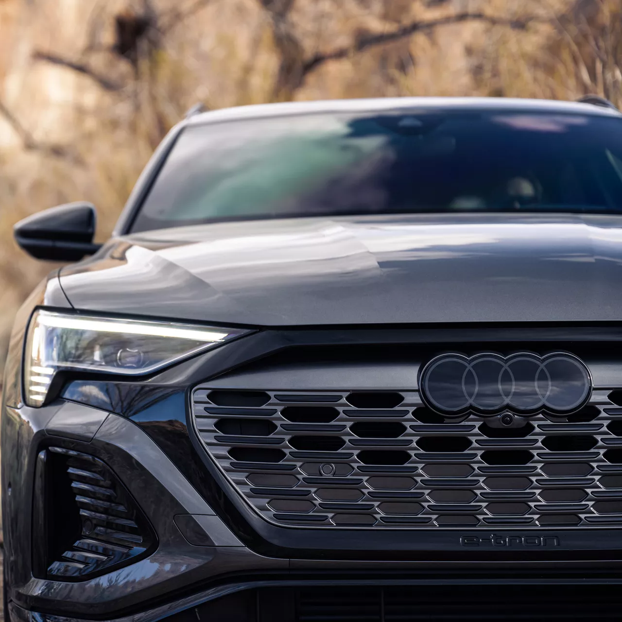 Close-up of the front bumper of the Audi Q8 e-tron. 