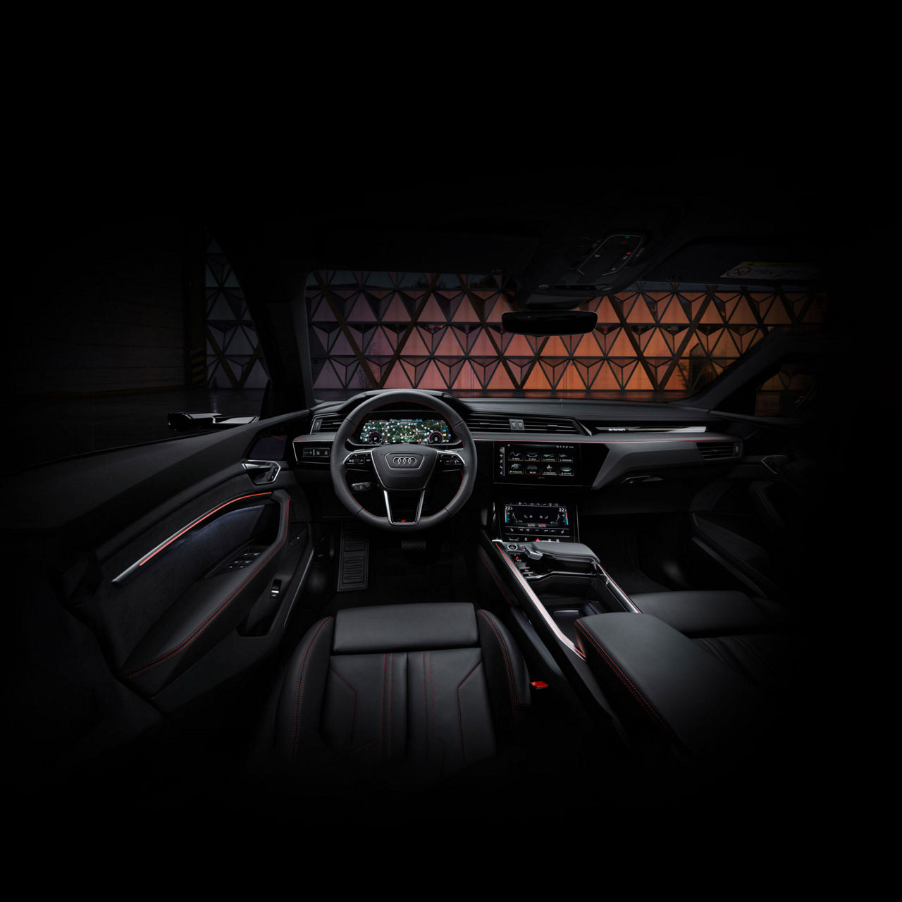 Interior view of the front of an Audi Q8 e-tron. 