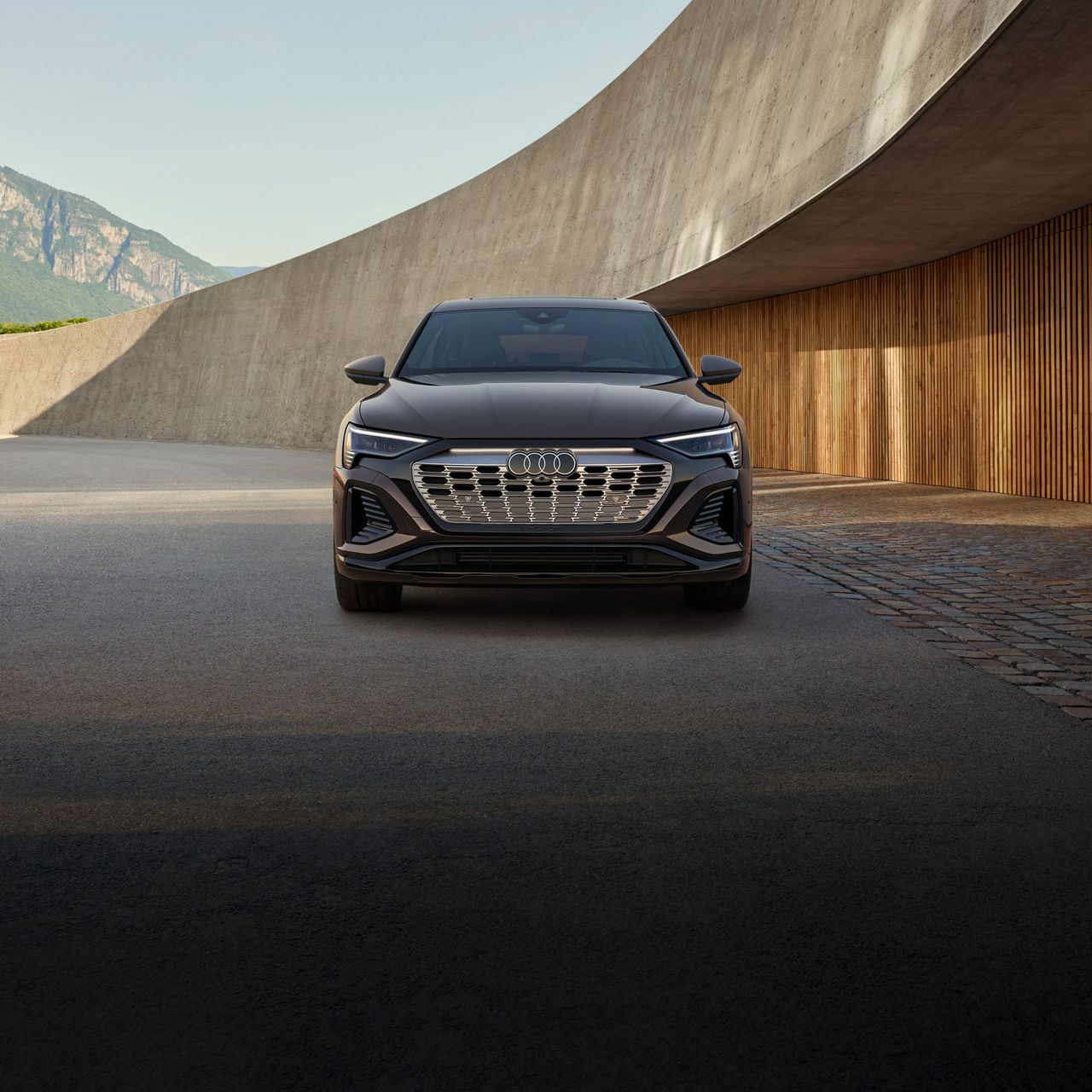 Vue avant d’un Audi Q8 Sportback e-tron noir stationné à l’extérieur d’un bâtiment moderne.