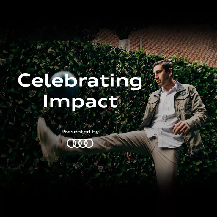 A man kicking a soccer ball with the words 'Celebrating impact' across the image.