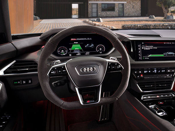 Close up on steering wheel and virtual cockpit in an Audi Vehicle