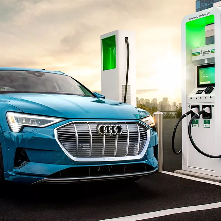 The Audi e-tron® charging at a Electrify America station.