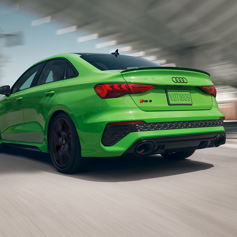 Three-quarter rear view of the Audi RS 3. 