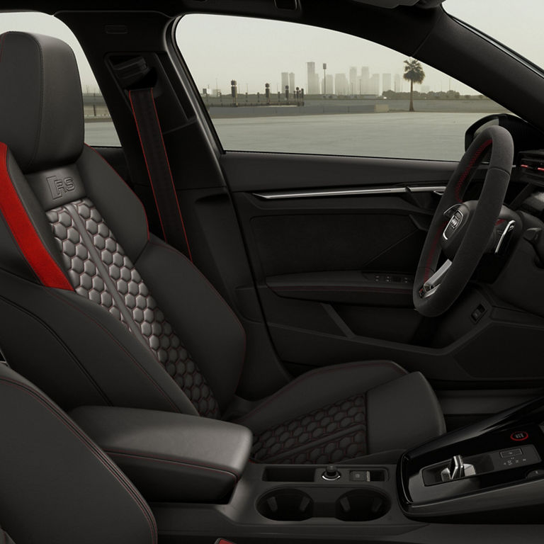 Close-up of the front seats in the Audi RS 3. 