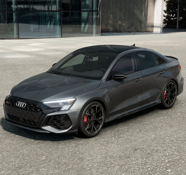 Three-quarter view of the Audi RS 3. 