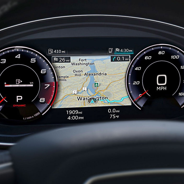 Close up of the Audi virtual cockpit in the Audi A4 Sedan. 