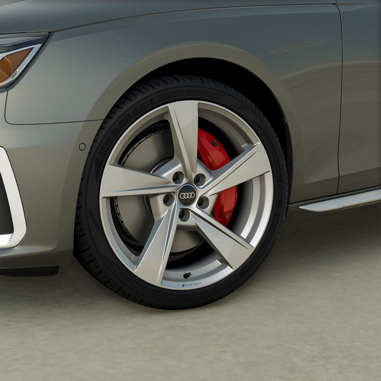 Close-up of the front wheel on the Audi S4 Sedan.