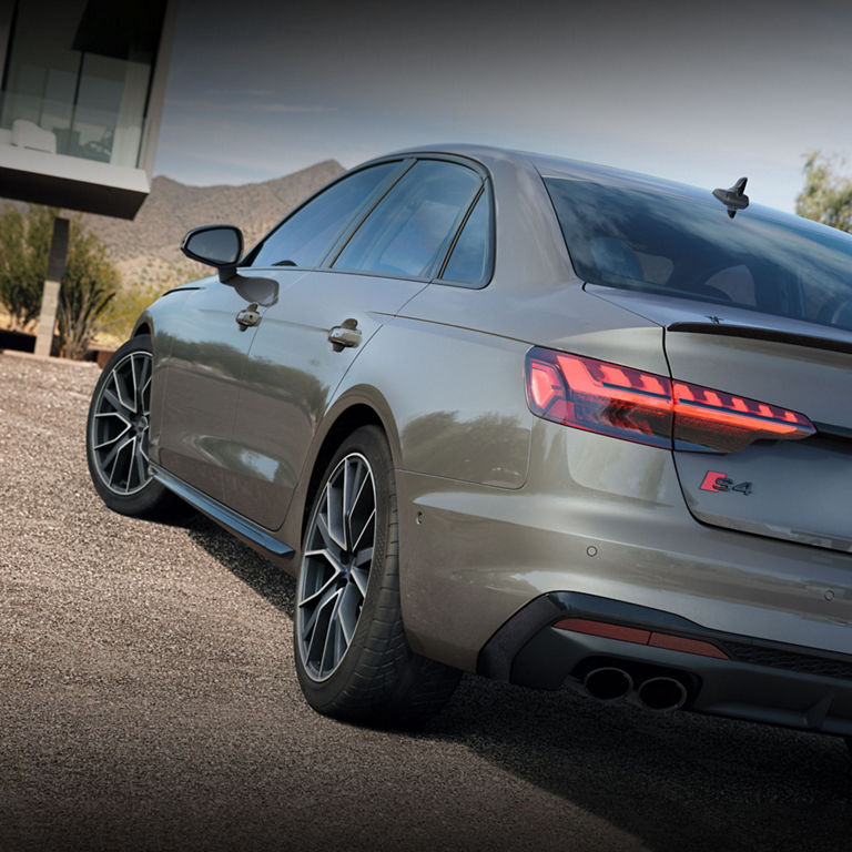 Close-up of the rear wheel on the Audi S4 Sedan.