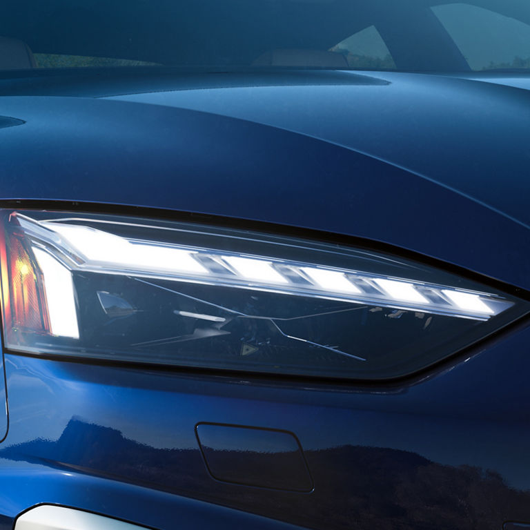 Close-up of the headlights on the Audi A5 Sportback.