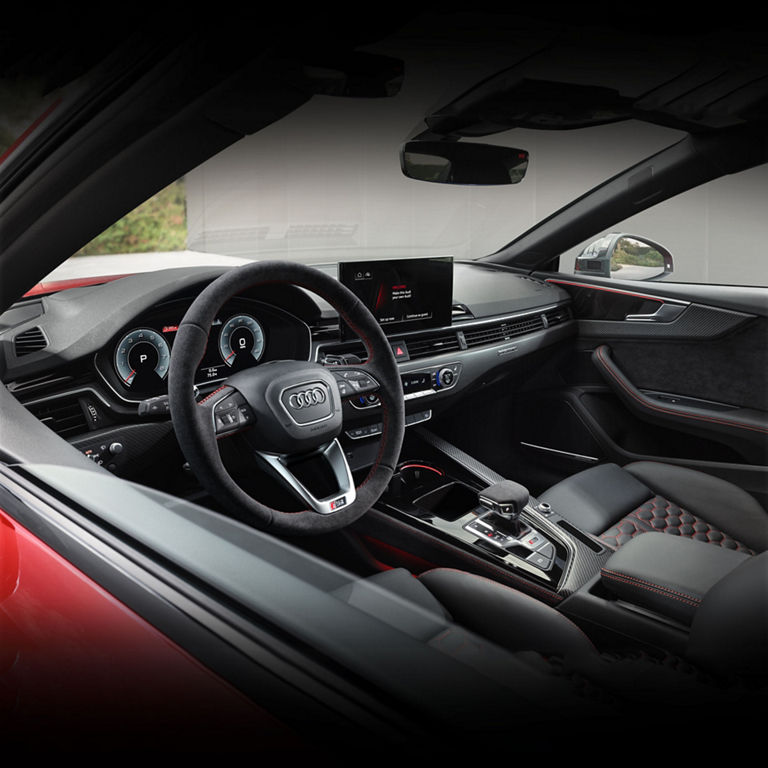 Close-up of the interior door handle with Matte Carbon inlays in the Audi RS 5 Coupe.