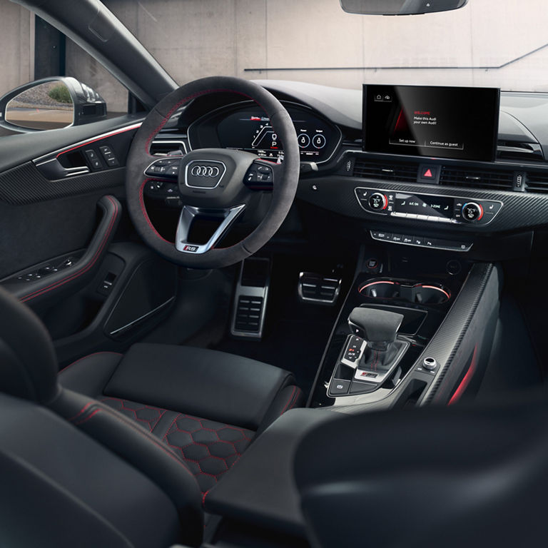 Close-up of the steering wheel on the Audi RS 5 Sportback.