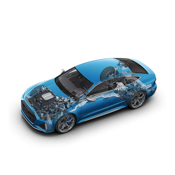 Illustration of the Audi ceramic brakes with red calipers on the Audi RS 7. 