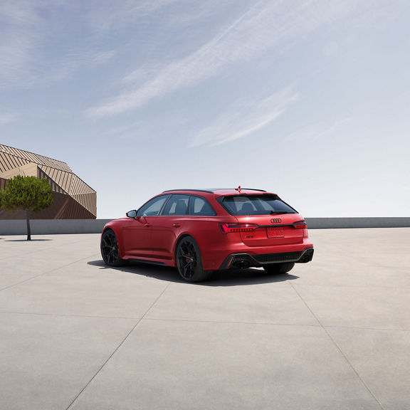 Three quarter rear profile of the Audi RS 6 Avant performance.
