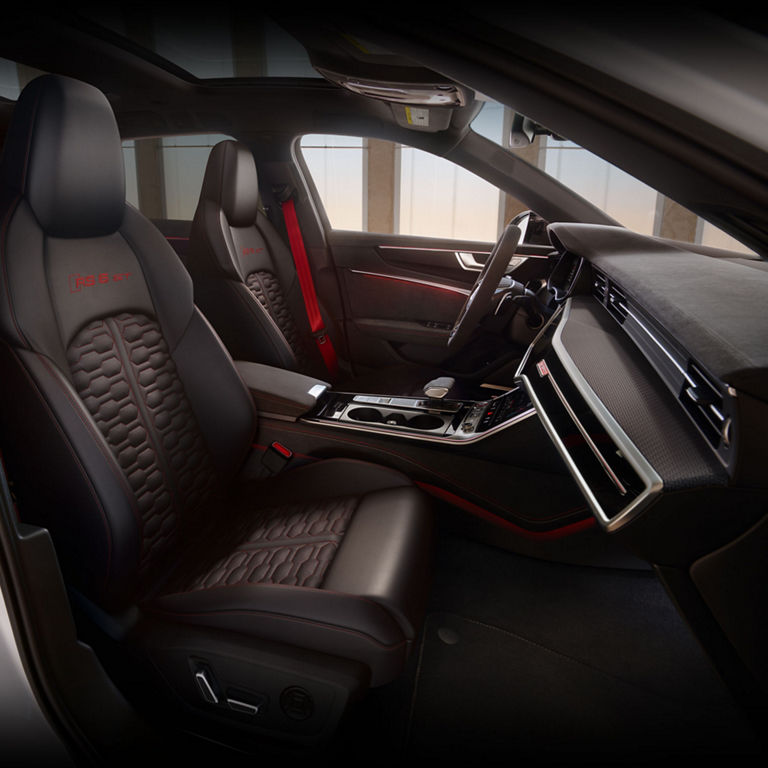 Interior view of the cabin of the Audi RS 6 Avant GT, showing the front sport seats.