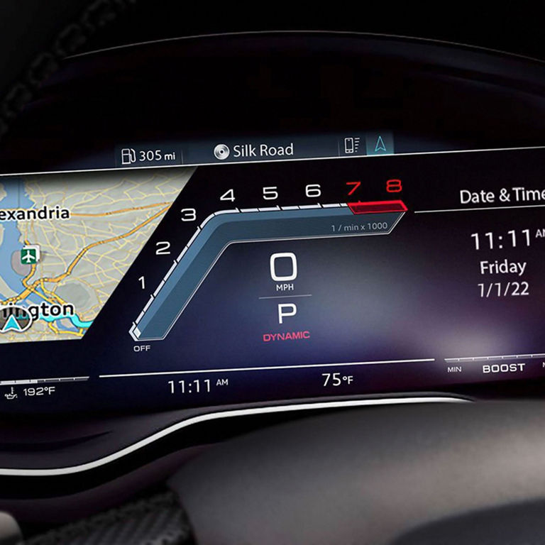 Close up of the virtual cockpit in the Audi RS5 Sportback. 