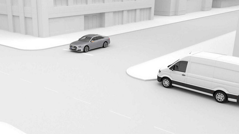 Demonstration of the front cross-traffic assist on the Audi A5.