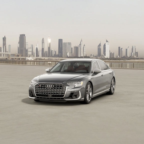 Three-quarter front view of the Audi S8.