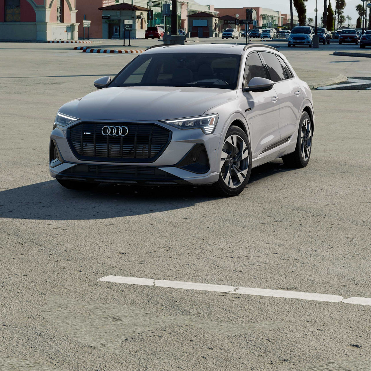 Front profile of the Audi e-tron parked. 