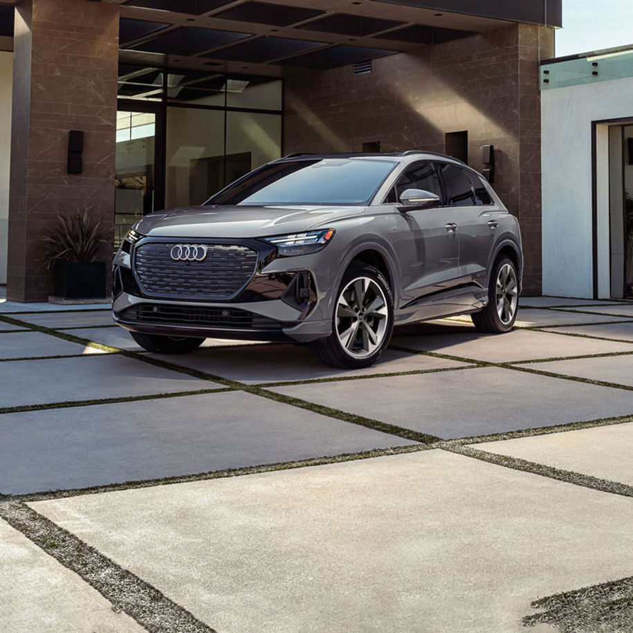 Three-quarter front profile of the Audi Q4 e-tron.