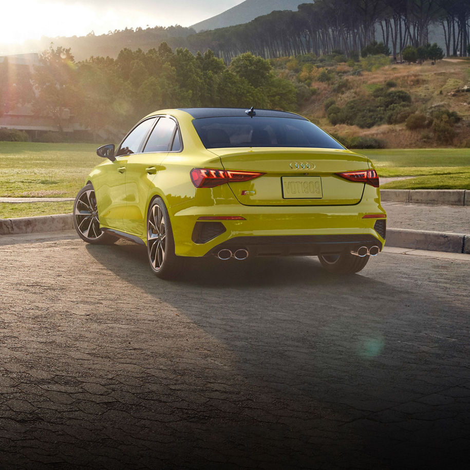 Three-quarter rear profile of the Audi S3.