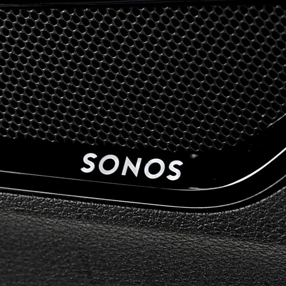 Close-up of the Sonos sound system speakers inside the Audi Q3.