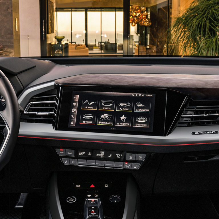 Close-up of the MMI touch screen in the Audi Q4 e-tron. 