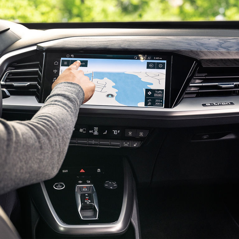 Close-up of the MMI touch screen in the Audi Q4 e-tron. 