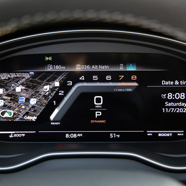 Close-up of the steering wheel and virtual cockpit display in the the Audi SQ5 Sportback.