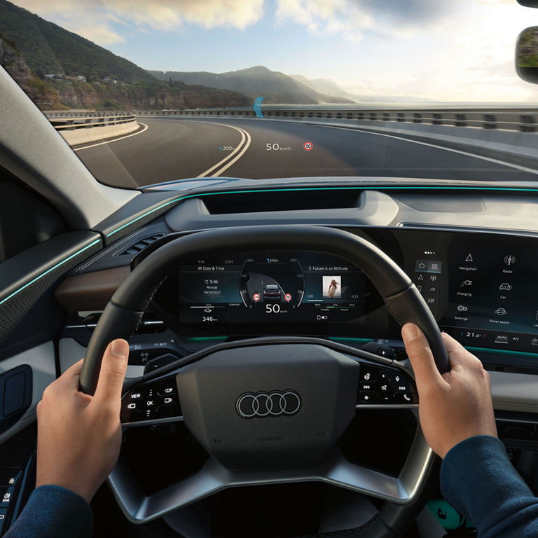 Close up of the AR head-up display in the Audi Q6 e-tron.