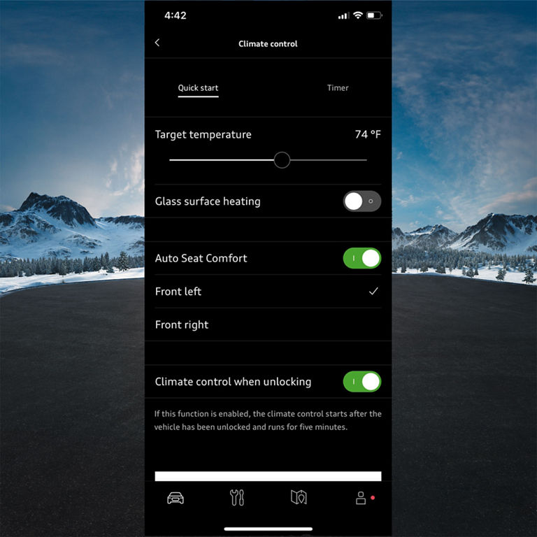 View of an iPhone screen displaying the climate control function on the myAudi app.