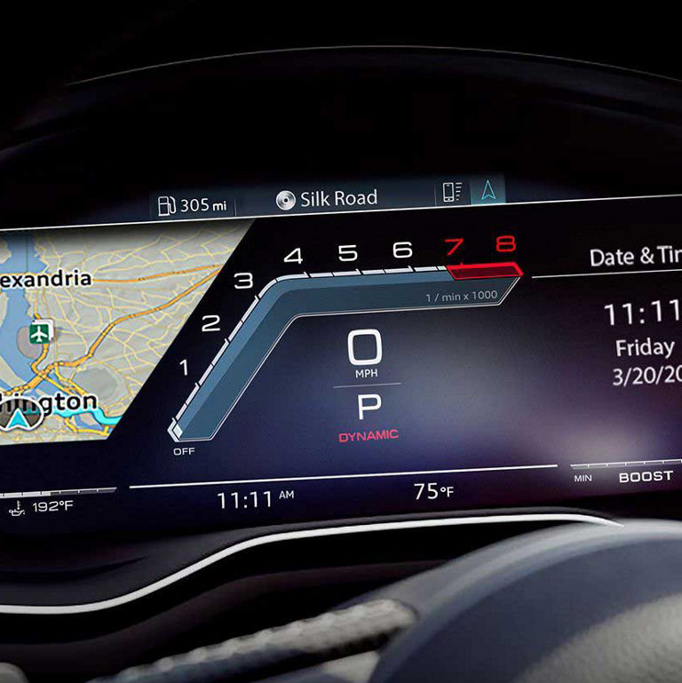 View of the Audi virtual cockpit in the Audi SQ7. 