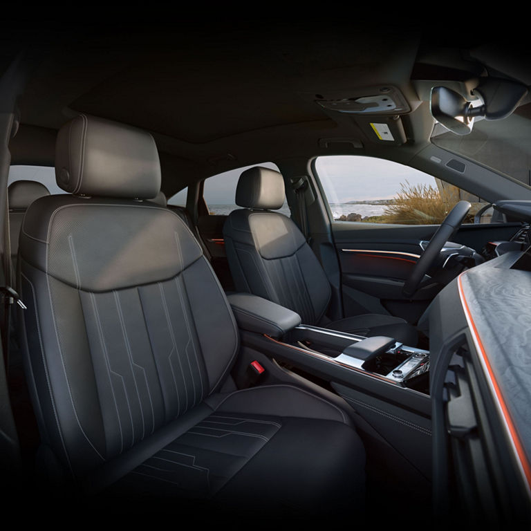Close-up view of the leather interior of the Audi Q8 e-tron® Sportback parked.