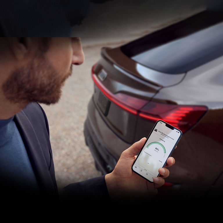 View of an iPhone screen displaying the battery speed and charging performance on the Audi Q8 e-tron® Sportback.