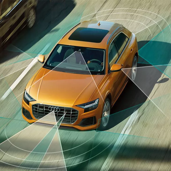 Bird's-eye-view of the drivers assistance features on the Audi SQ8.