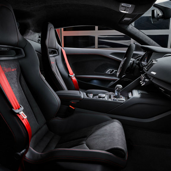 Interior view of the seats and cockpit of the Audi R8 GT.