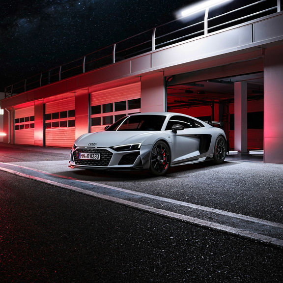 Three-quarter front profile of the Audi R8 GT.