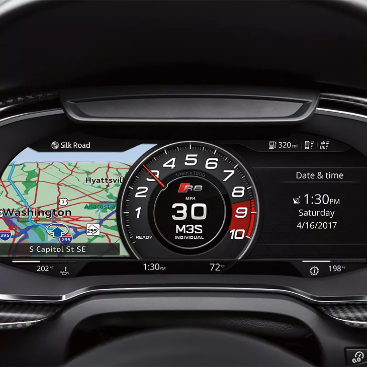 Audi virtual cockpit with 12.3-inch instrument display and Google Earth™ navigation.