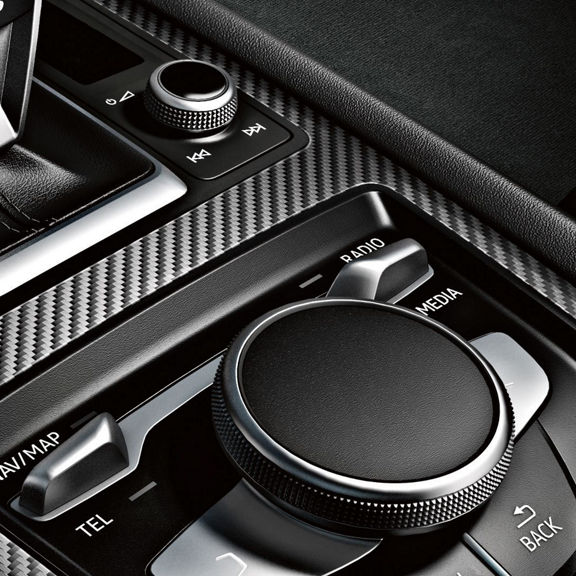 Close-up of the MMI touch in the Audi R8 Coupe.