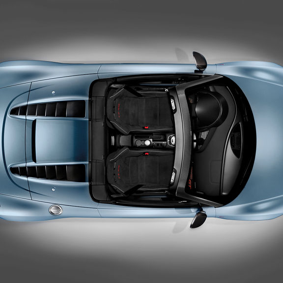 Bird's eye view of the interior of a blue Audi R8 Spyder GT. 