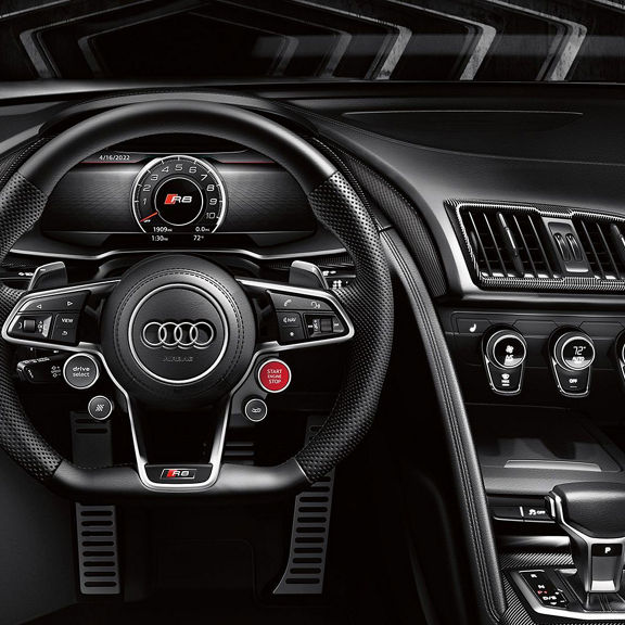 Close-up of the Monoposto cockpit design in the cabin of the Audi R8 Coupe.