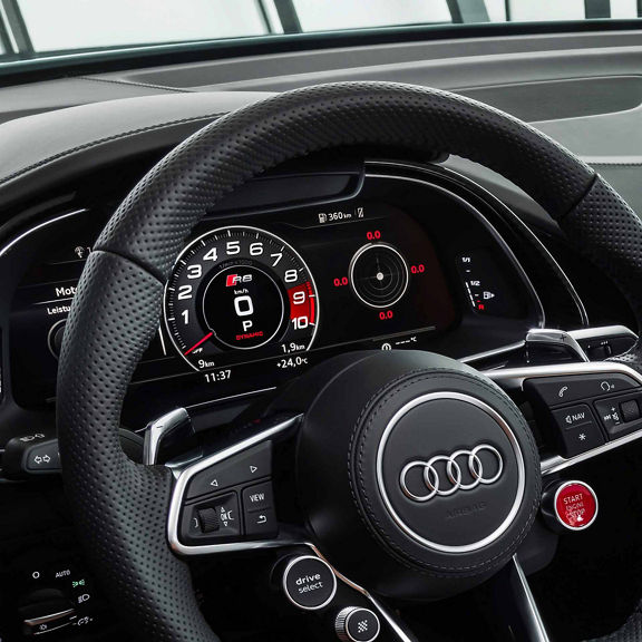 Close-up of the virtual cockpit in the Audi R8 Coupe.