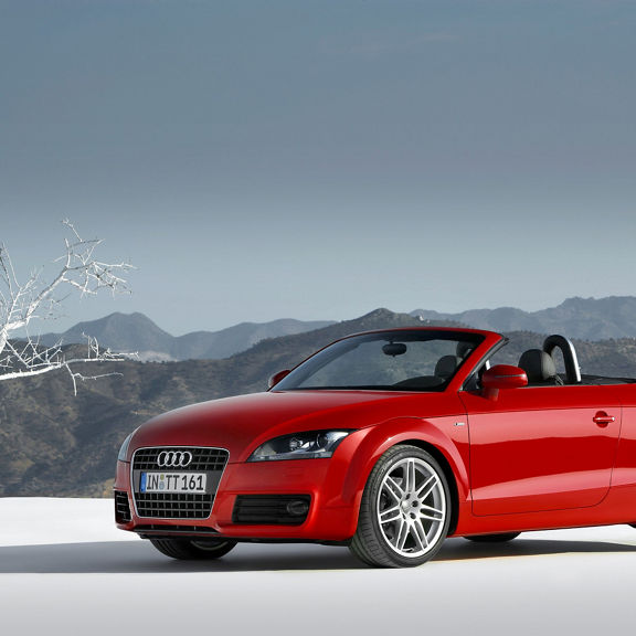 A red TT Coupe parked on snowy ground next to a tree in front of mountains.