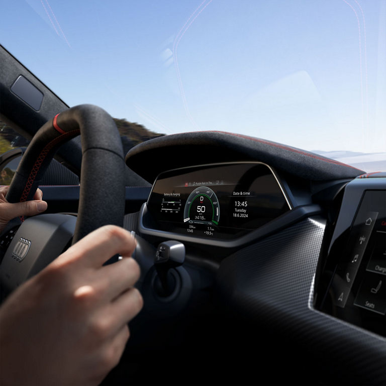Close up of the virtual cockpit in the Audi e-tron GT. 