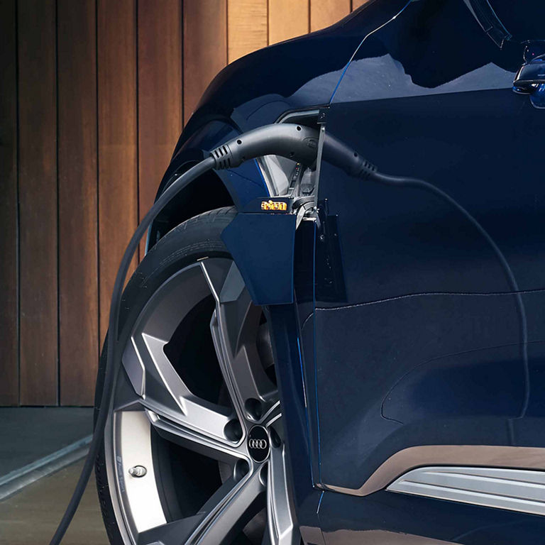 Close up of the charging port on the Audi e-tron® S Sportback.