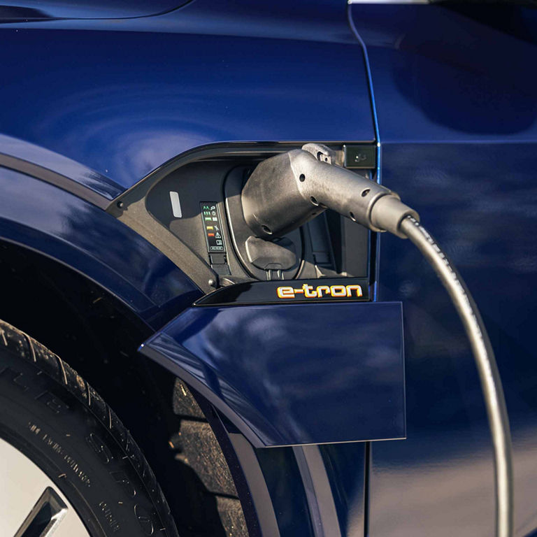 Close-up of the charging port on the Audi e-tron Sportback.
