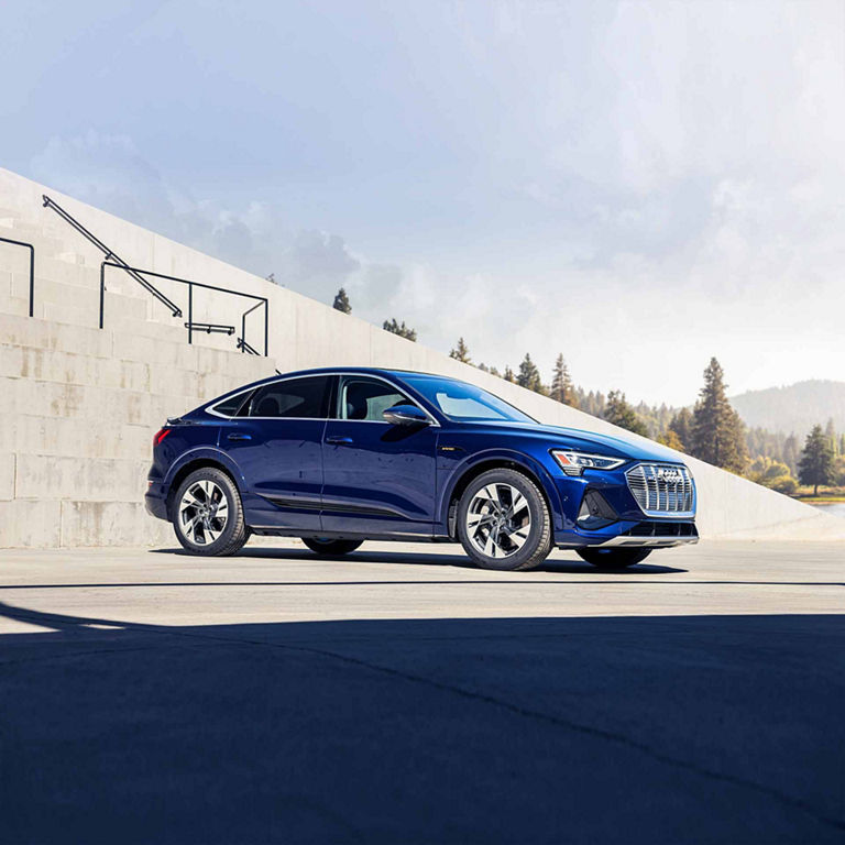 Three-quarter front view of the Audi e-tron Sportback.